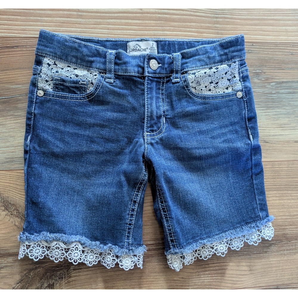 Jordache Girl's White Ruffle Lace Hem Denim Jean Bermuda Shorts 7
